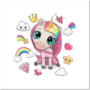 Cute baby unicorn with rainbow hairs. Posters and Art